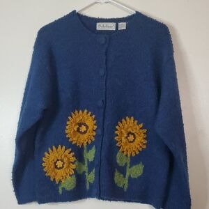 Vintage Bellepointe Wool Blend Sunflower Womens Cardigan Size Large Navy 3-D